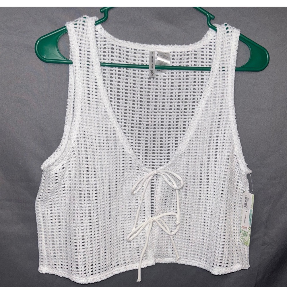 Celebrity Pink‎ White Crochet Vest Tie Front Swim Coverup Cropped L 12-14
